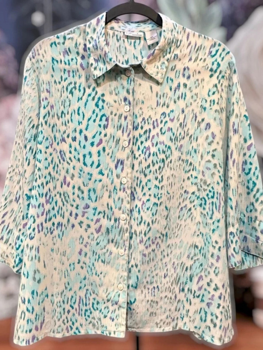 Kim Rogers 16P Blouse Petite Button Up 3/4 Sleeve Abstract Leopard Print Aqua